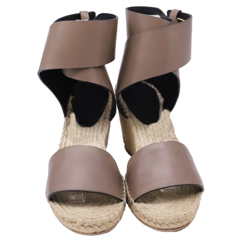 Women's Celine Ankle Strap Espadrille Wedge Sandals in Brown Leather