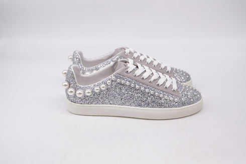 Women's Stuart Weitzman Goldie Faux Pearl-Embellished Sneakers in Silver Glitter