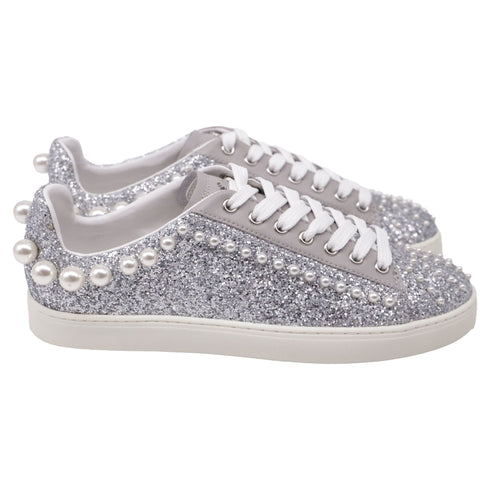 Women's Stuart Weitzman Goldie Faux Pearl-Embellished Sneakers in Silver Glitter
