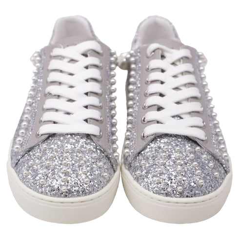 Women's Stuart Weitzman Goldie Faux Pearl-Embellished Sneakers in Silver Glitter