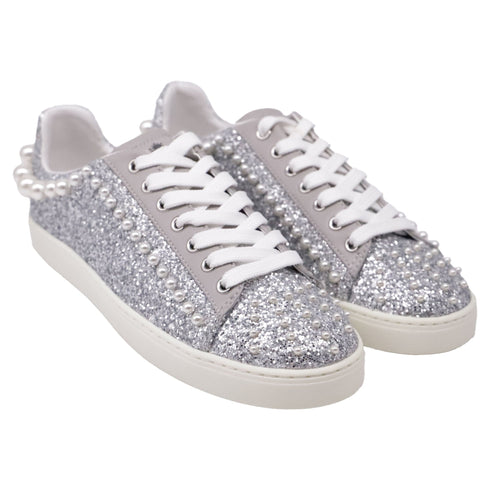 Women's Stuart Weitzman Goldie Faux Pearl-Embellished Sneakers in Silver Glitter