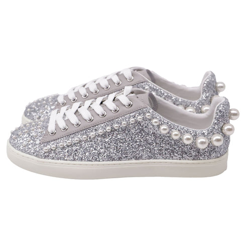 Women's Stuart Weitzman Goldie Faux Pearl-Embellished Sneakers in Silver Glitter