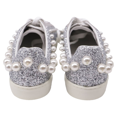 Women's Stuart Weitzman Goldie Faux Pearl-Embellished Sneakers in Silver Glitter