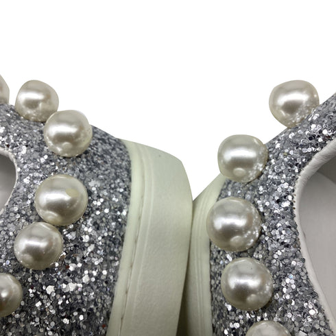 Women's Stuart Weitzman Goldie Faux Pearl-Embellished Sneakers in Silver Glitter