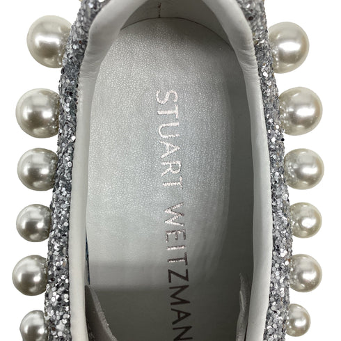 Women's Stuart Weitzman Goldie Faux Pearl-Embellished Sneakers in Silver Glitter