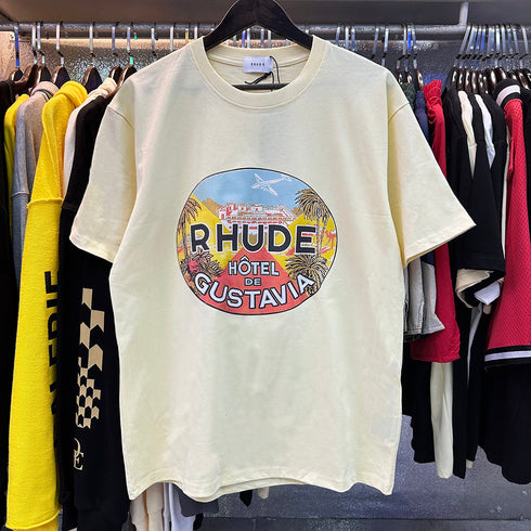 Rhude T-shirts Gustavia Hotel Printed Cotton Casual Short Sleeves Men's and Women's
