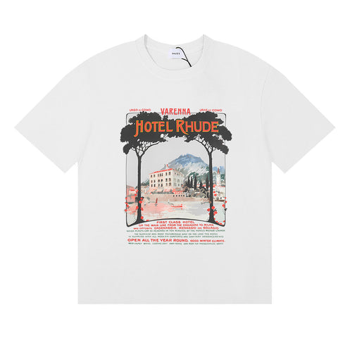 Rhude T-shirts Varenna Town Printed Cotton Casual Short Sleeves Men and Women