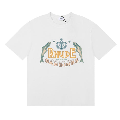 Rhude T-shirts Sardines Badge Printing Cotton Casual Short Sleeve Men and Women