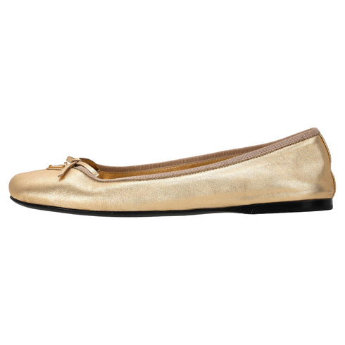 Women's Prada Logo-Plaque Bow Ballet Flats in Metallic Gold Leather