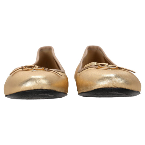 Women's Prada Logo-Plaque Bow Ballet Flats in Metallic Gold Leather