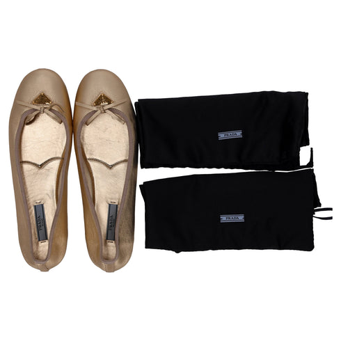 Women's Prada Logo-Plaque Bow Ballet Flats in Metallic Gold Leather