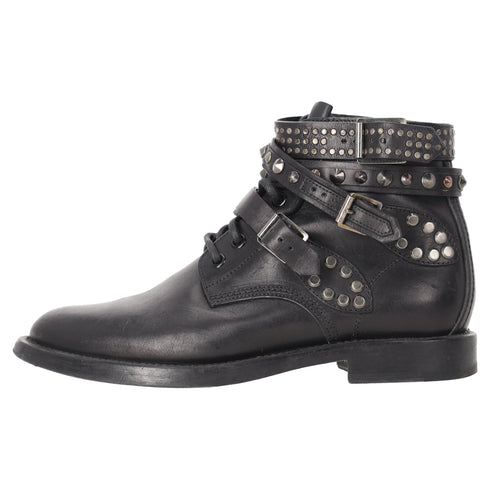 Women's Saint Laurent Studded Ranger Ankle Boots in Black Leather