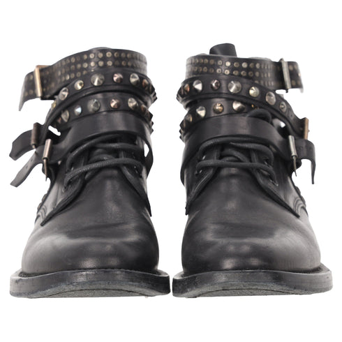 Women's Saint Laurent Studded Ranger Ankle Boots in Black Leather