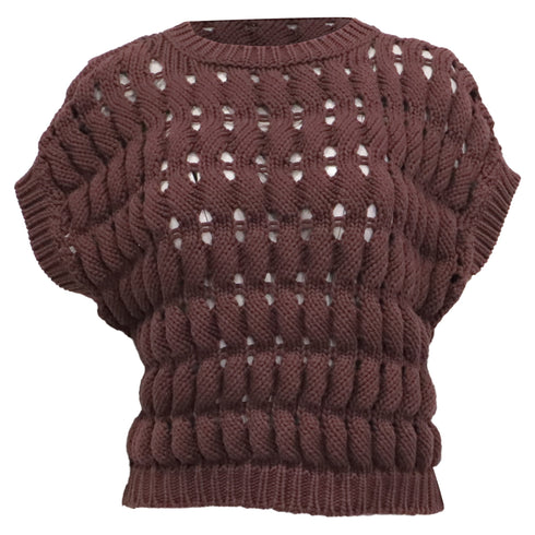 Women's Brunello Cucinelli Open-Work Knitted Top in Brown Cotton