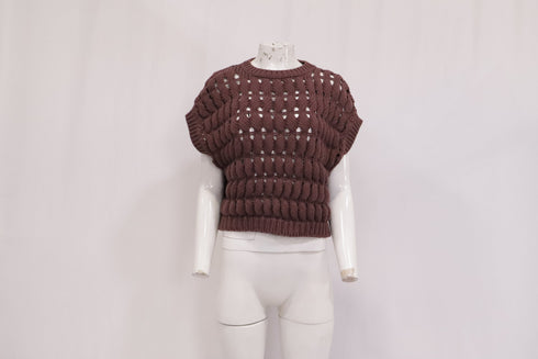 Women's Brunello Cucinelli Open-Work Knitted Top in Brown Cotton