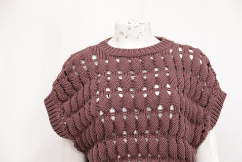 Women's Brunello Cucinelli Open-Work Knitted Top in Brown Cotton