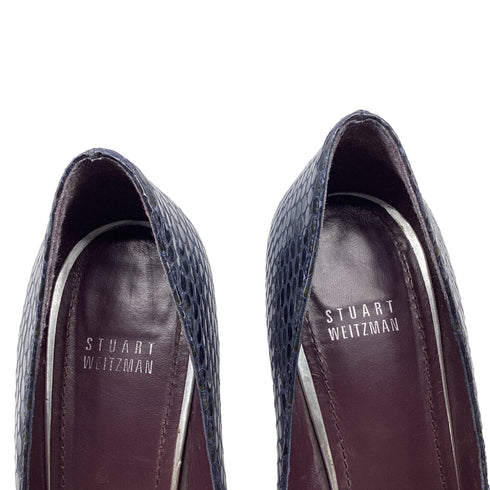 Women's Stuart Weitzman Snake-Embossed Pointed Pumps in Navy Blue Leather