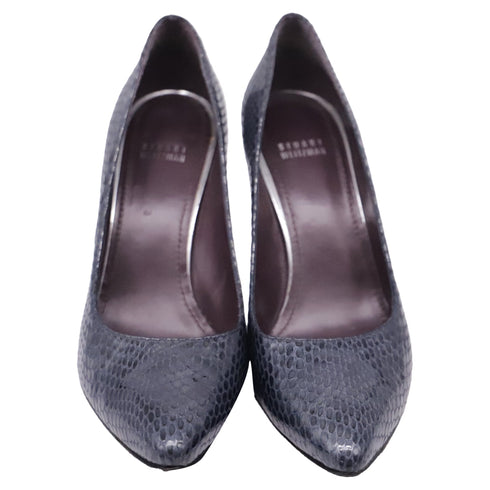 Women's Stuart Weitzman Snake-Embossed Pointed Pumps in Navy Blue Leather