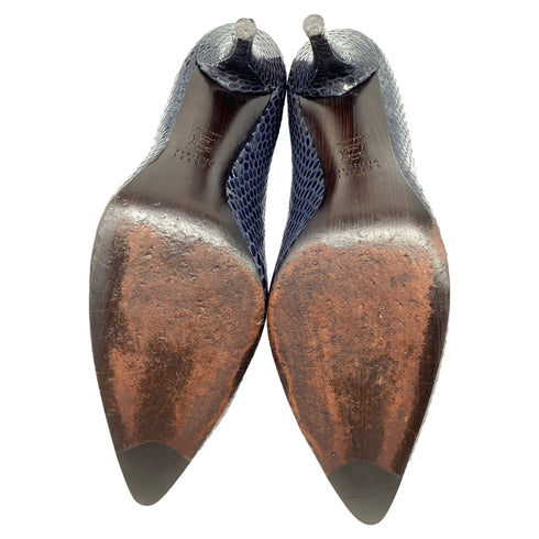 Women's Stuart Weitzman Snake-Embossed Pointed Pumps in Navy Blue Leather