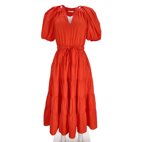 Women's Ulla Johnson Olina Midi Tiered Dress in Coral Cotton