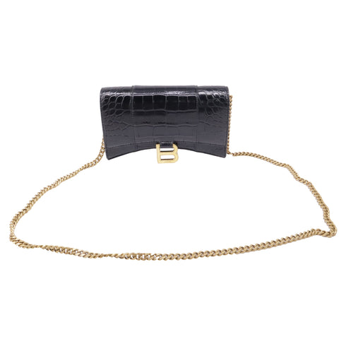 Hourglass Chain Wallet Crocodile Embossed Leather