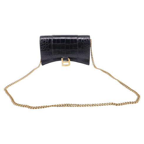 Hourglass Chain Wallet Crocodile Embossed Leather