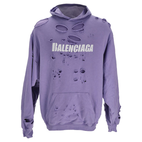 Men's Balenciaga Caps Destroyed Oversize Fit Hoodie in Purple Cotton