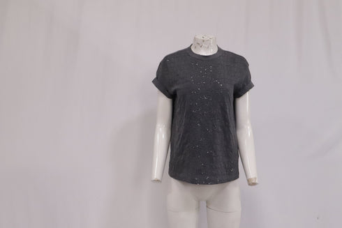 Women's Brunello Cucinelli Crew Neck Short Sleeve T-Shirt in Grey Cotton