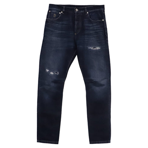 Men's Brunello Cucinelli Tattered Denim Jeans in Navy Blue Cotton