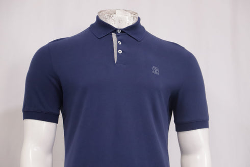 Men's Brunello Cucinelli Short Sleeve Polo Shirt in Navy Blue Cotton