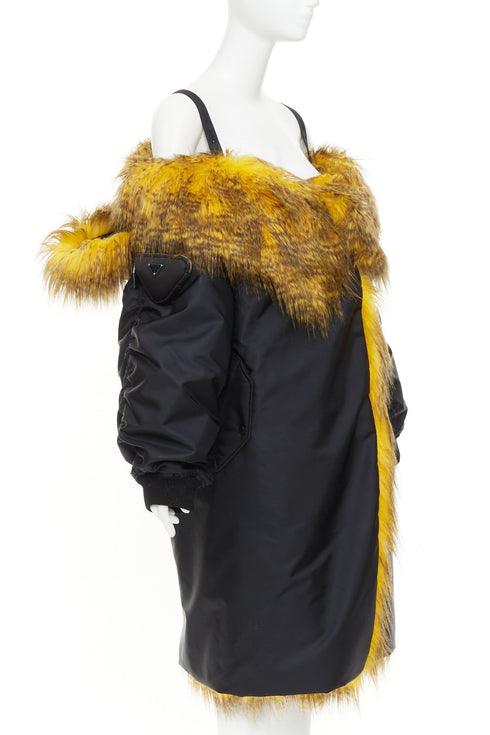 Women's Prada 2021 Runway Yellow Fur Off Shoulder Bomber