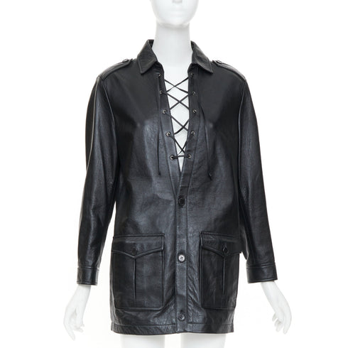 Women's Saint Laurent 2018 Black Leather Lace Up Safari Dress