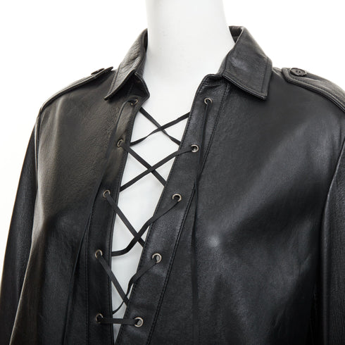 Women's Saint Laurent 2018 Black Leather Lace Up Safari Dress
