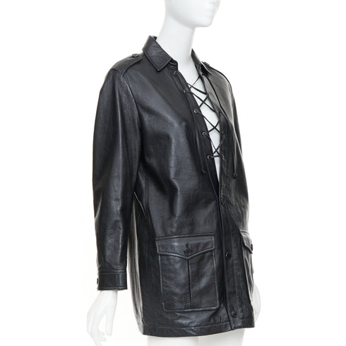 Women's Saint Laurent 2018 Black Leather Lace Up Safari Dress