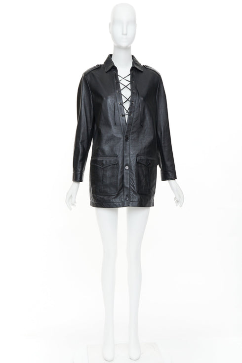 Women's Saint Laurent 2018 Black Leather Lace Up Safari Dress