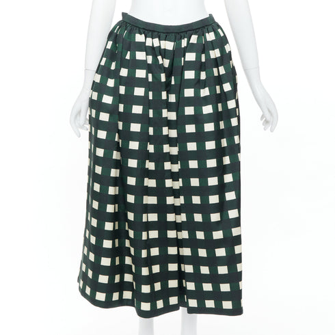 Women's Prada 2022 Runway Green Cream Check Silk Midi Skirt