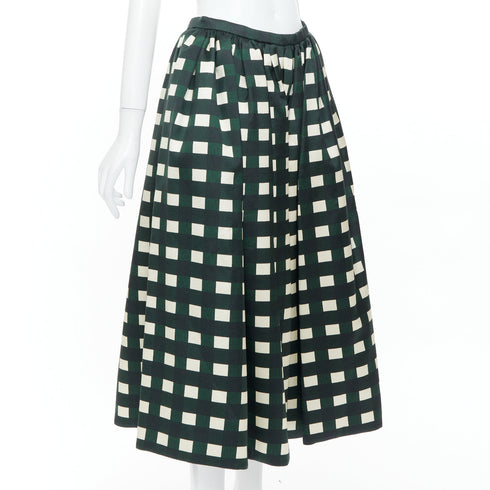 Women's Prada 2022 Runway Green Cream Check Silk Midi Skirt