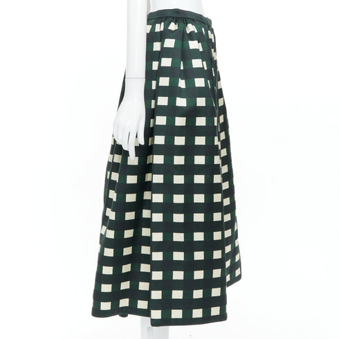 Women's Prada 2022 Runway Green Cream Check Silk Midi Skirt