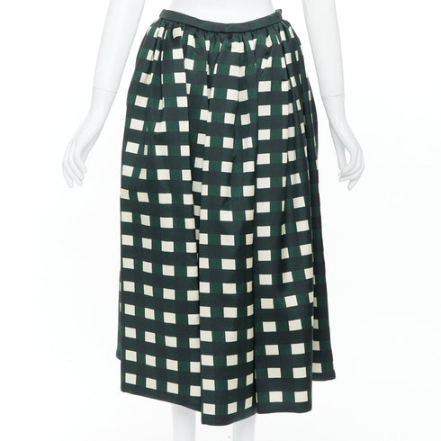 Women's Prada 2022 Runway Green Cream Check Silk Midi Skirt