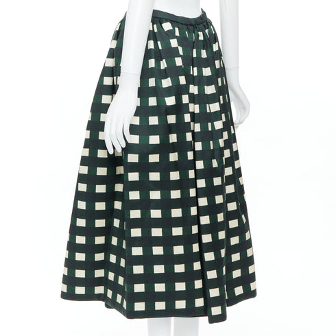 Women's Prada 2022 Runway Green Cream Check Silk Midi Skirt