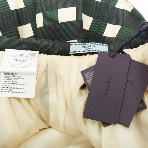 Women's Prada 2022 Runway Green Cream Check Silk Midi Skirt