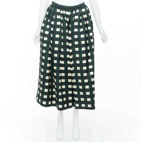 Women's Prada 2022 Runway Green Cream Check Silk Midi Skirt