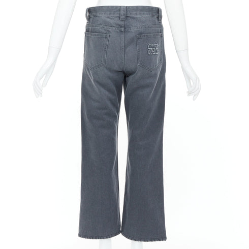 Women's Miu Miu 2024 Grey Frayed Embroidered Logo Denim Jeans