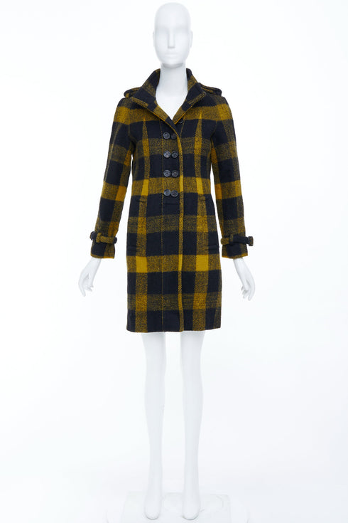 Women's Burberry Yellow Punk Tartan Plaid Wool Double Breasted Coat