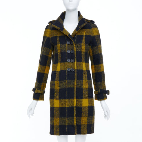 Women's Burberry Yellow Punk Tartan Plaid Wool Double Breasted Coat