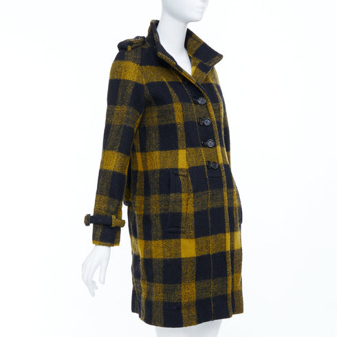 Women's Burberry Yellow Punk Tartan Plaid Wool Double Breasted Coat