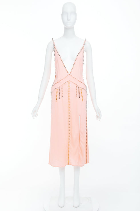 Women's Miu Miu 2021 Pink Punk Spike Studded Plunge Neck Dress