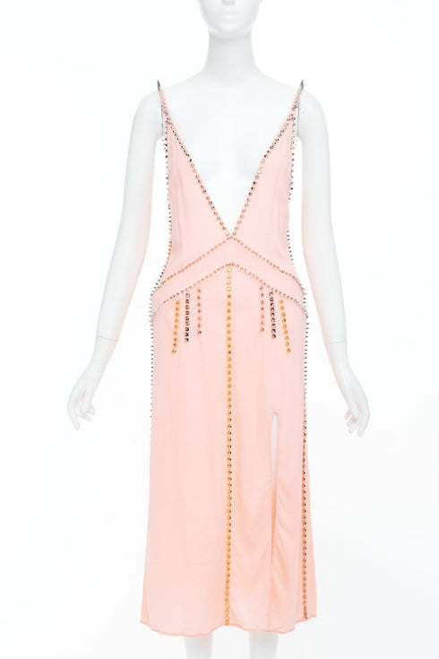 Women's Miu Miu 2021 Pink Punk Spike Studded Plunge Neck Dress