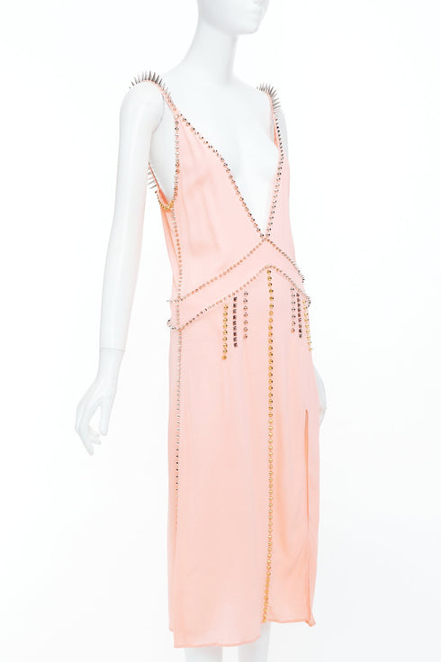Women's Miu Miu 2021 Pink Punk Spike Studded Plunge Neck Dress