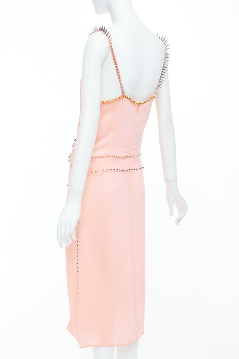 Women's Miu Miu 2021 Pink Punk Spike Studded Plunge Neck Dress